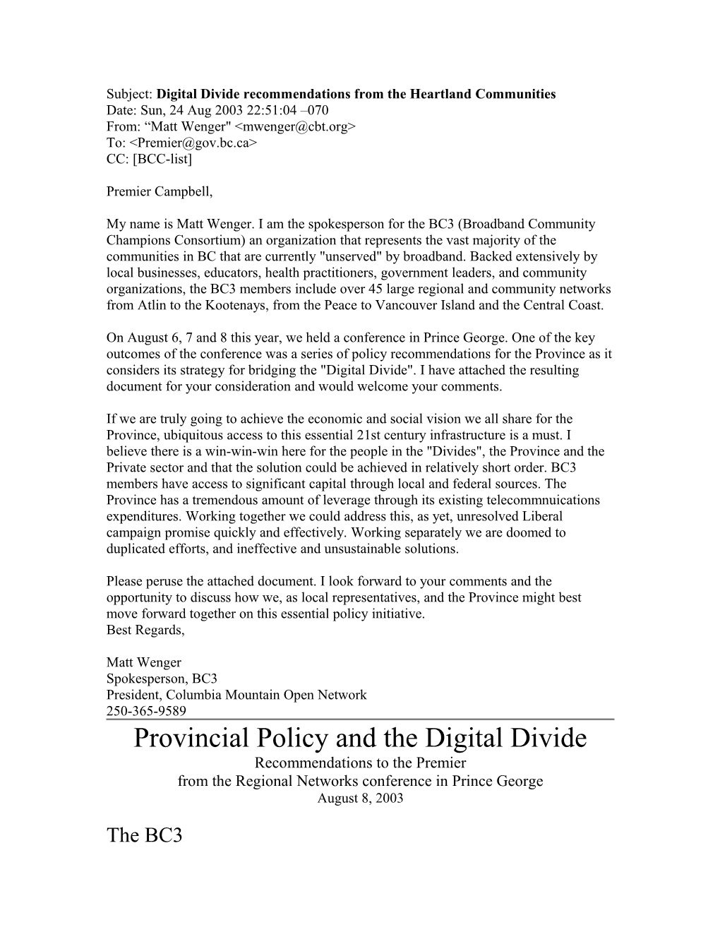 Subject: Digital Divide Recommendations from the Heartland Communities