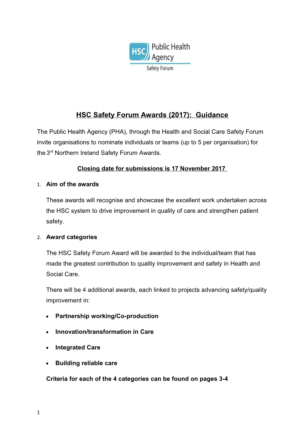 HSC Safety Forum Awards (2017): Guidance