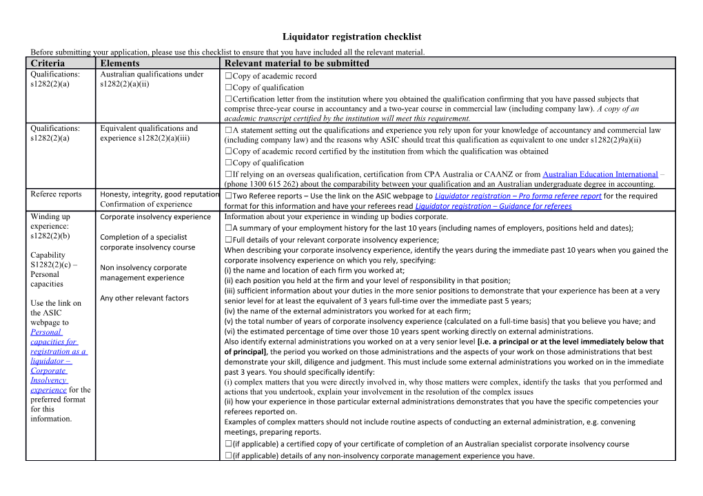 Liquidator Registration Checklist
