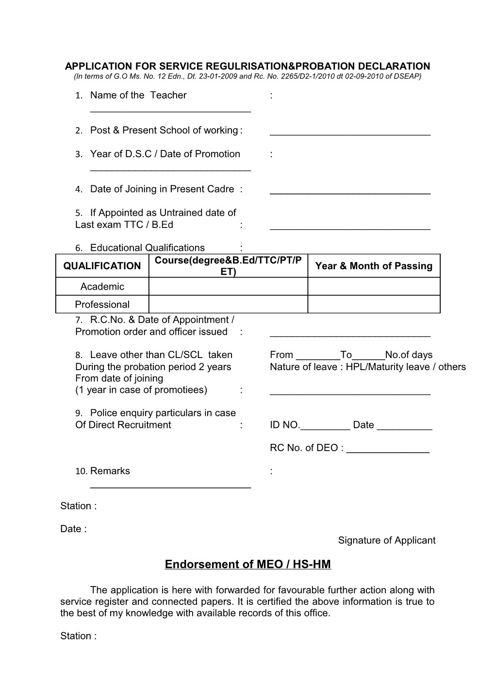 Application for Service Regulrisation&Probation Declaration