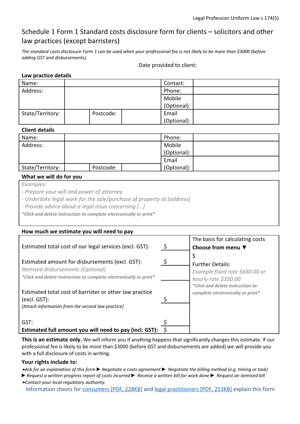 Form 1 - Solicitors Standard Cost Disclosure Form