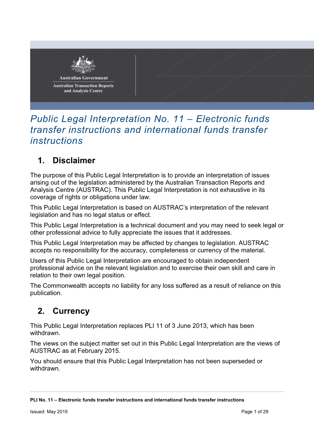 Public Legal Interpretation No. 11 Electronic Funds Transfer Instructions and International