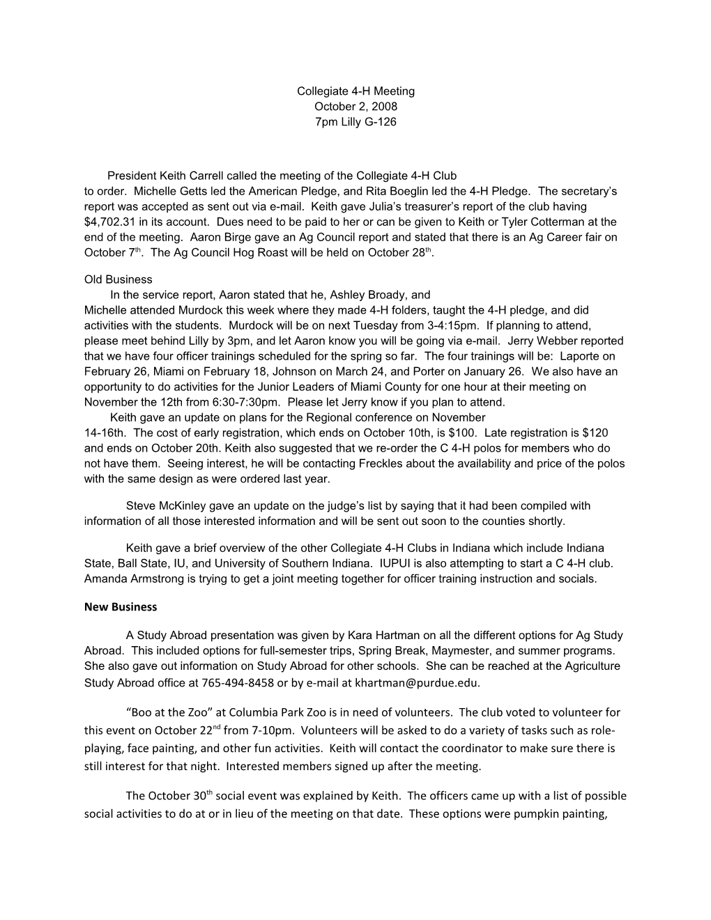 Collegiate 4-H Meeting October 2, 2008 7Pm Lilly G-126
