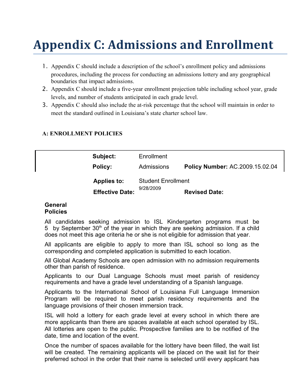 Appendix C: Admissions and Enrollment