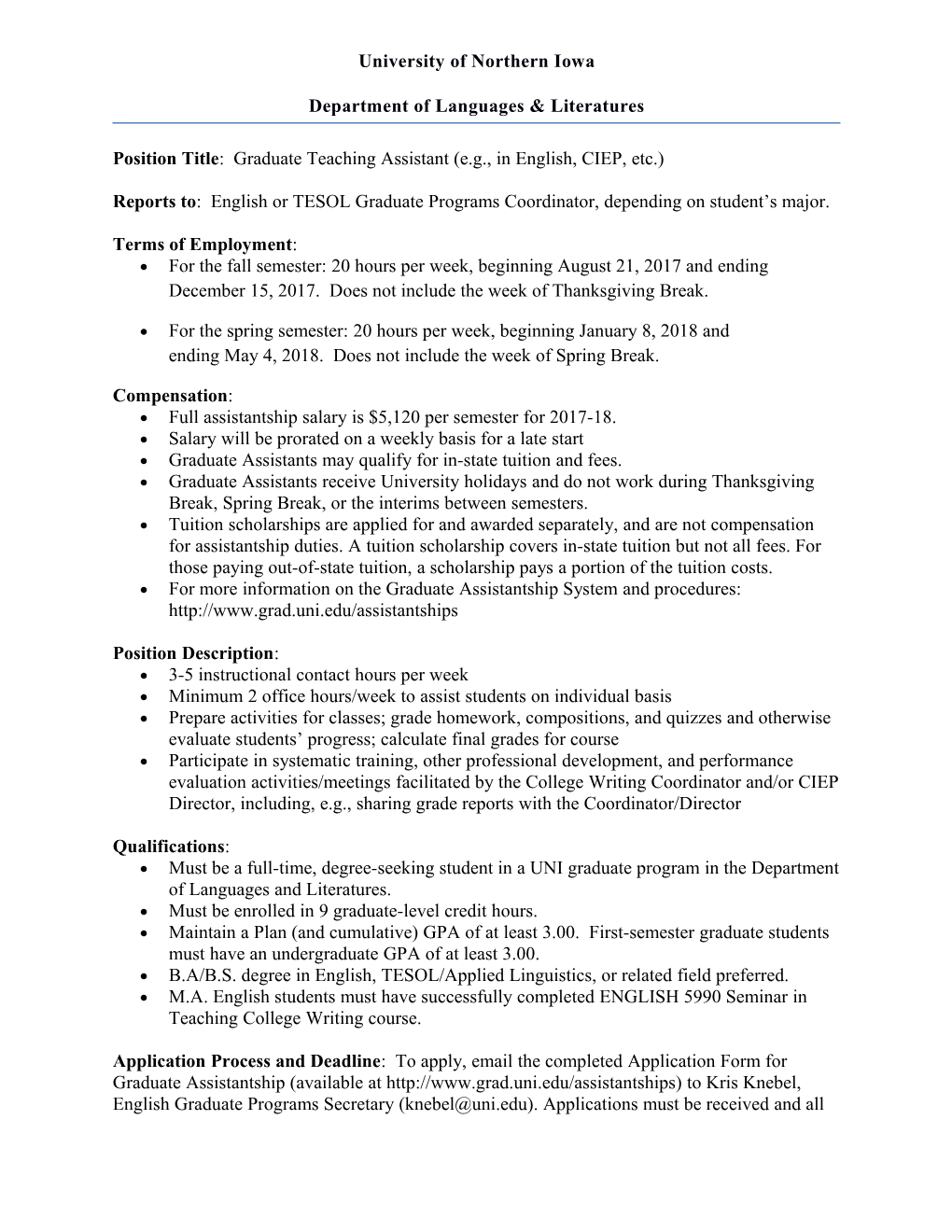 Position Title: Graduate Teaching Assistant (E.G., in English, CIEP, Etc.)