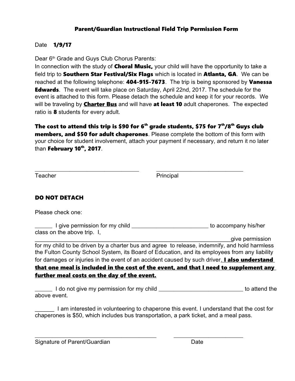 Parent/Guardian Instructional Field Trip Permission Form