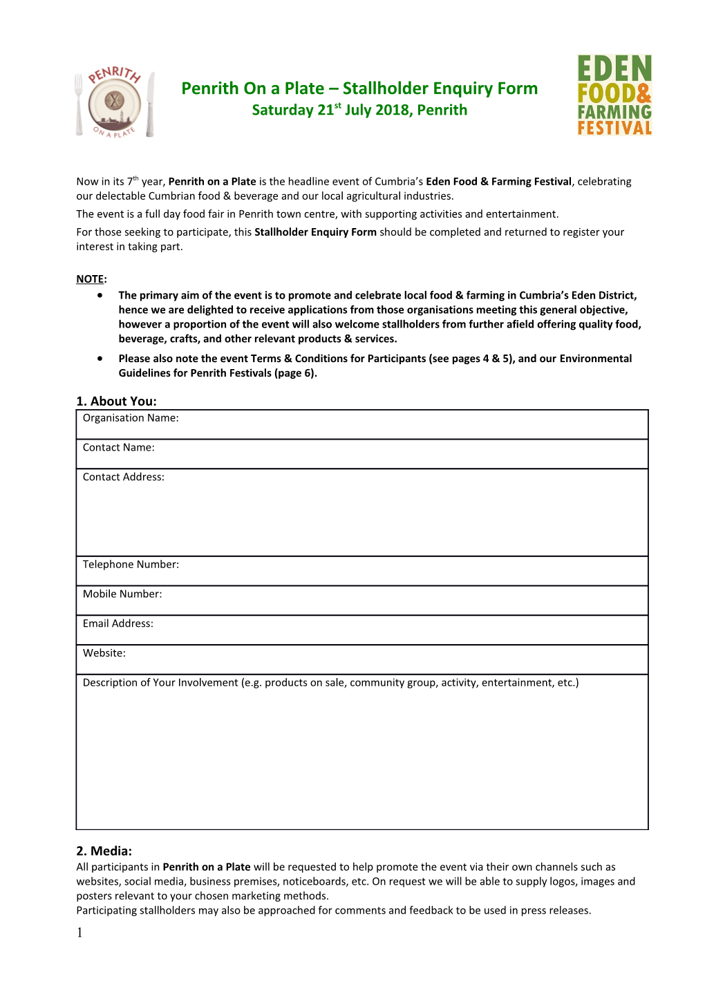 Penrith on a Plate Stallholder Enquiry Form 2018