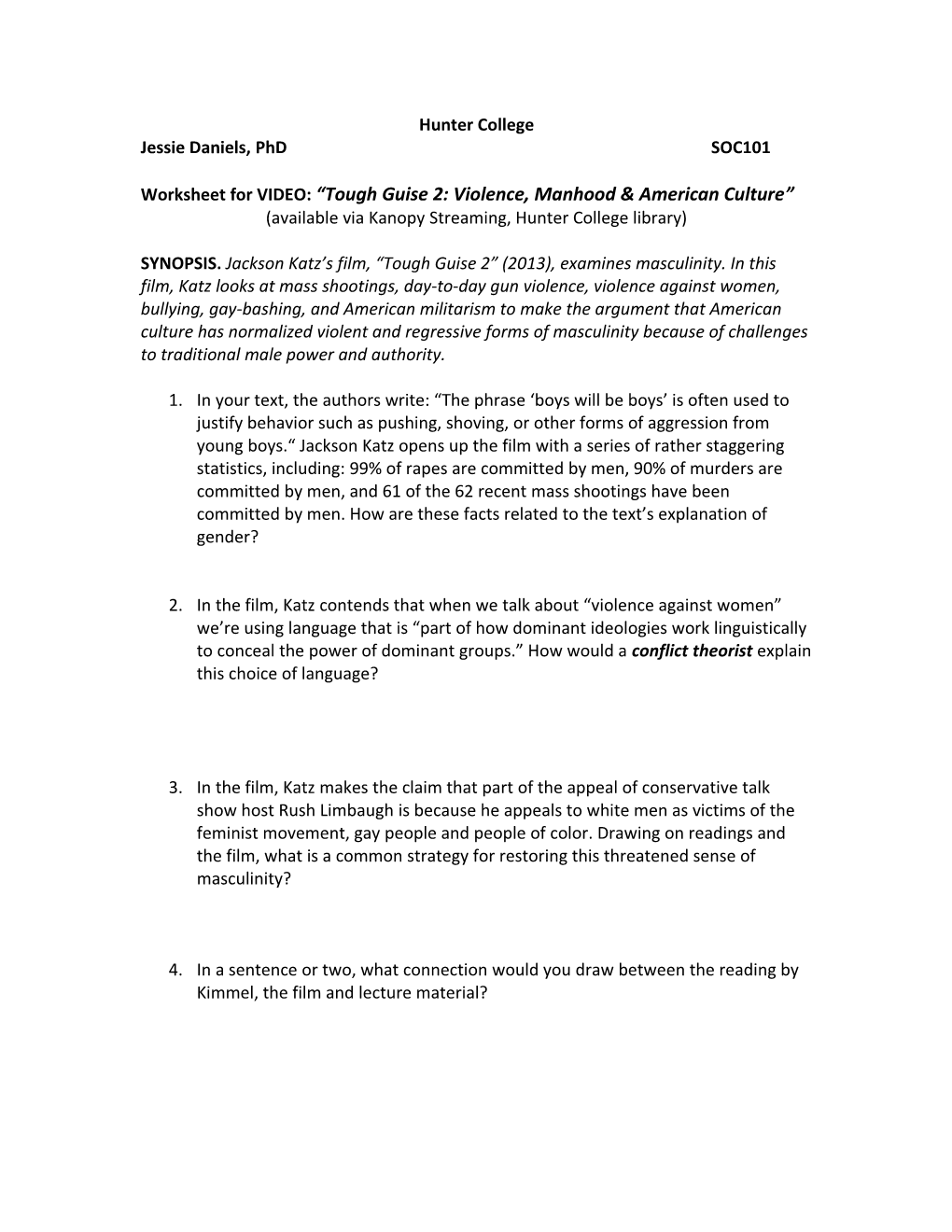 Worksheet for VIDEO: Tough Guise 2: Violence, Manhood & American Culture