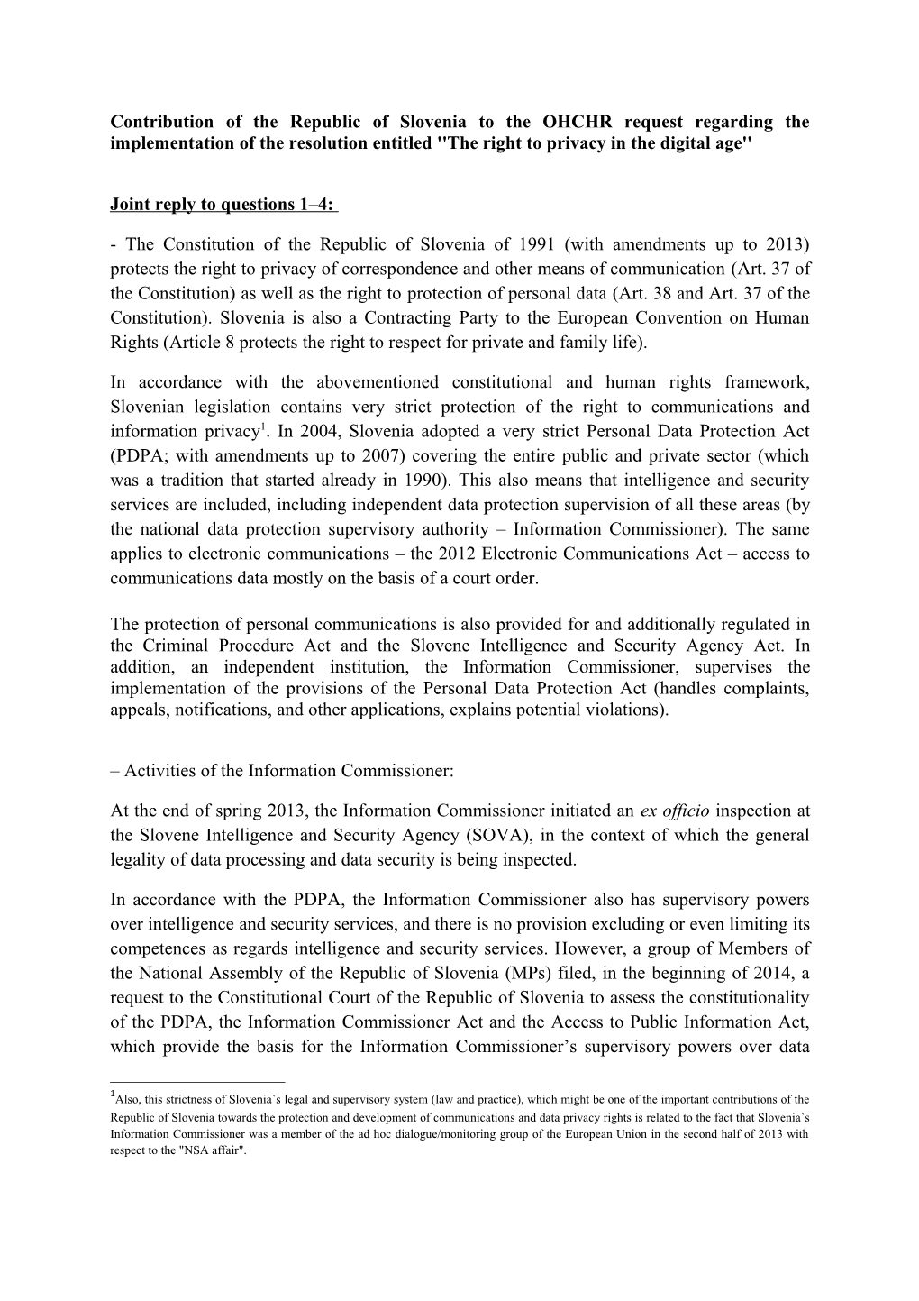 Contribution of the Republic of Slovenia to the OHCHR Request Regarding the Implementation