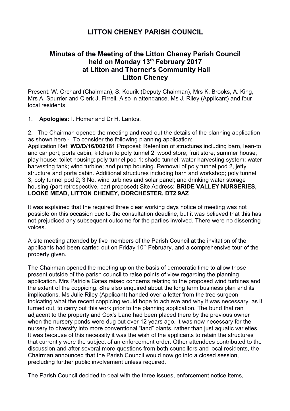 Minutes of the Meeting of the Litton Cheney Parish Council