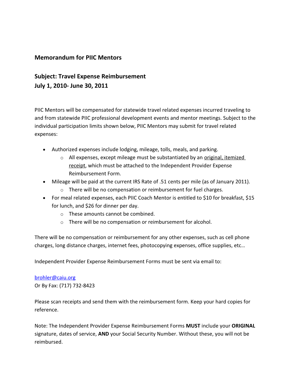 Memorandum for PIIC Mentors