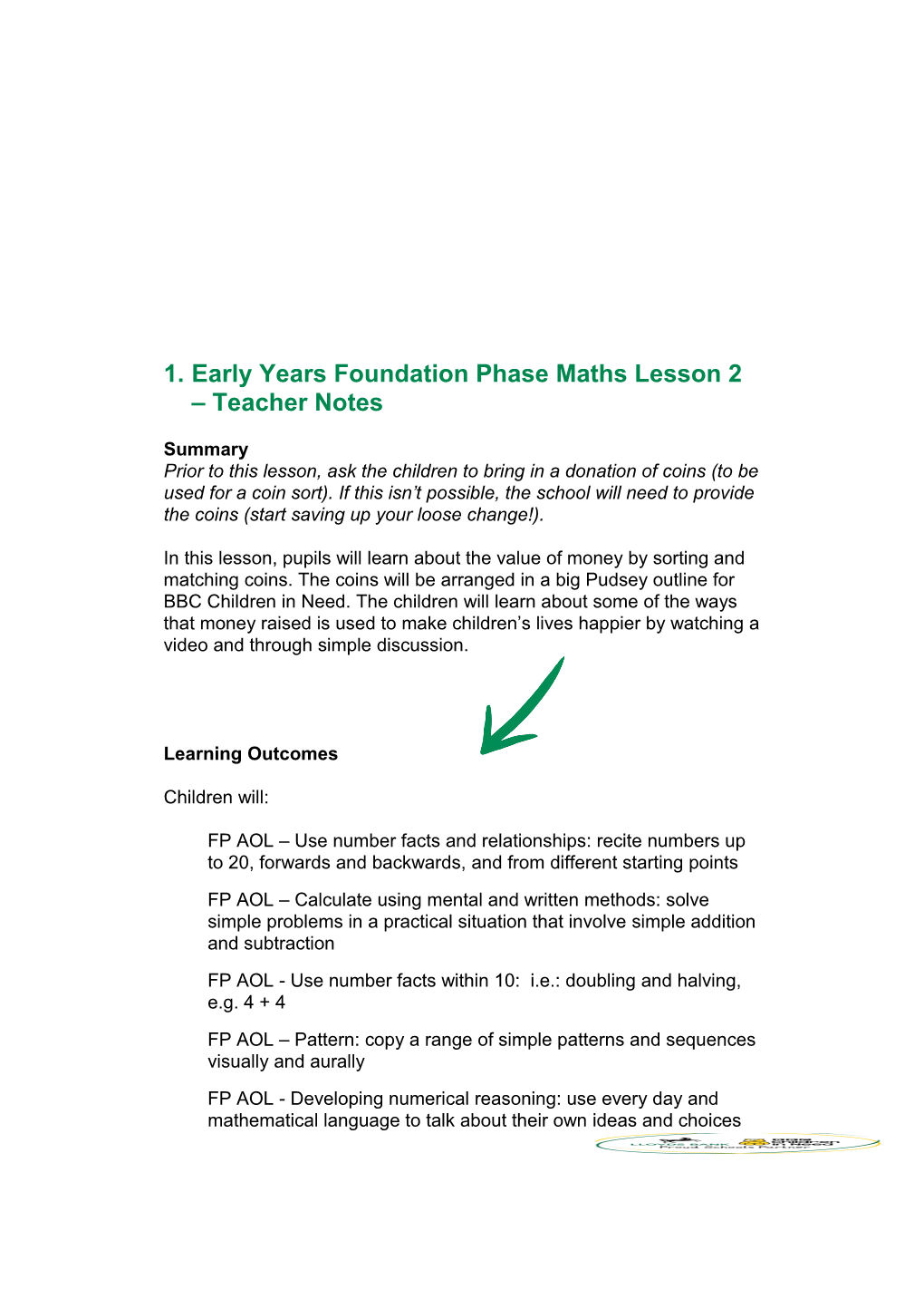 Early Years Foundation Phase Maths Lesson 2 Teacher Notes