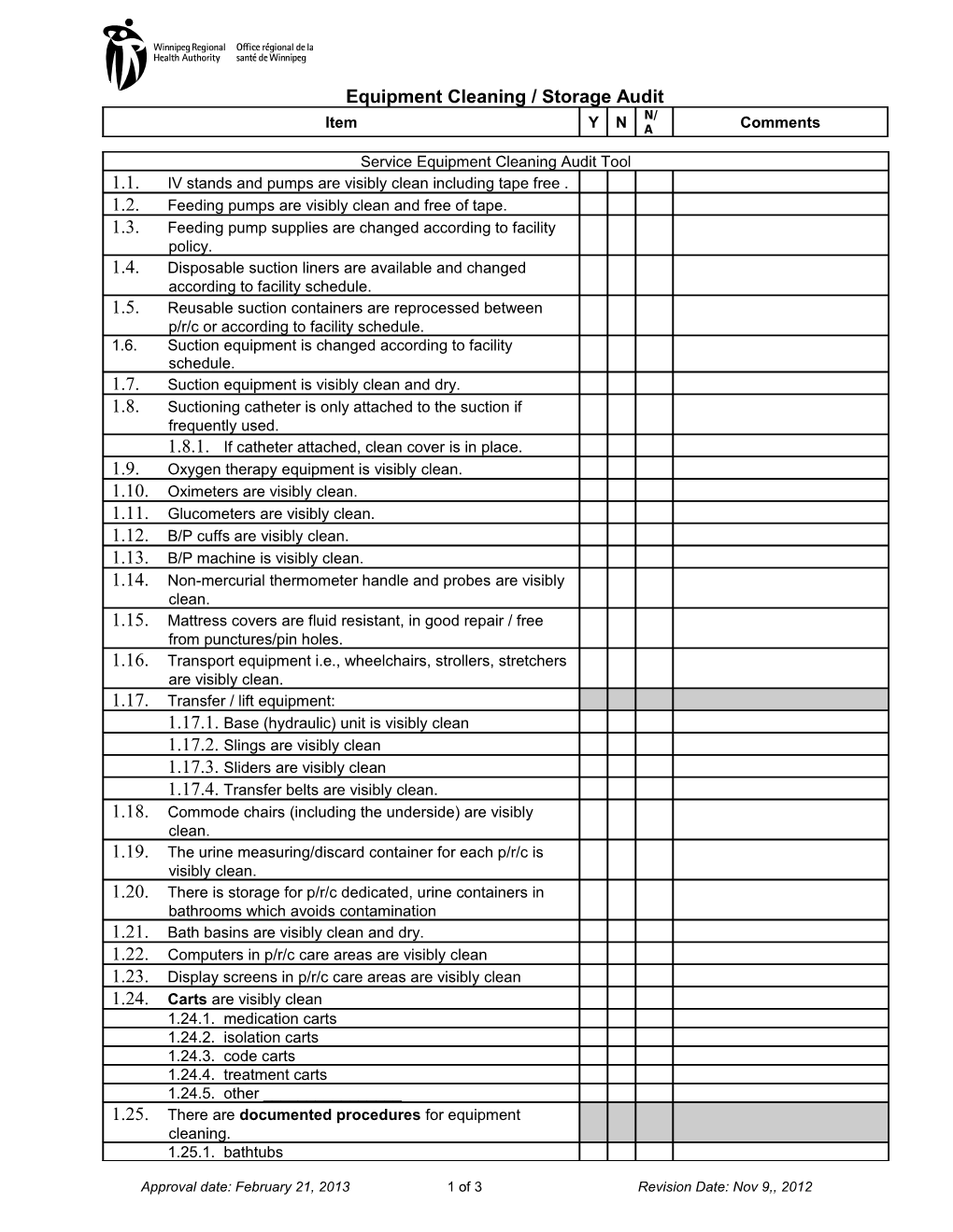 Equipment Cleaning / Storage Audit