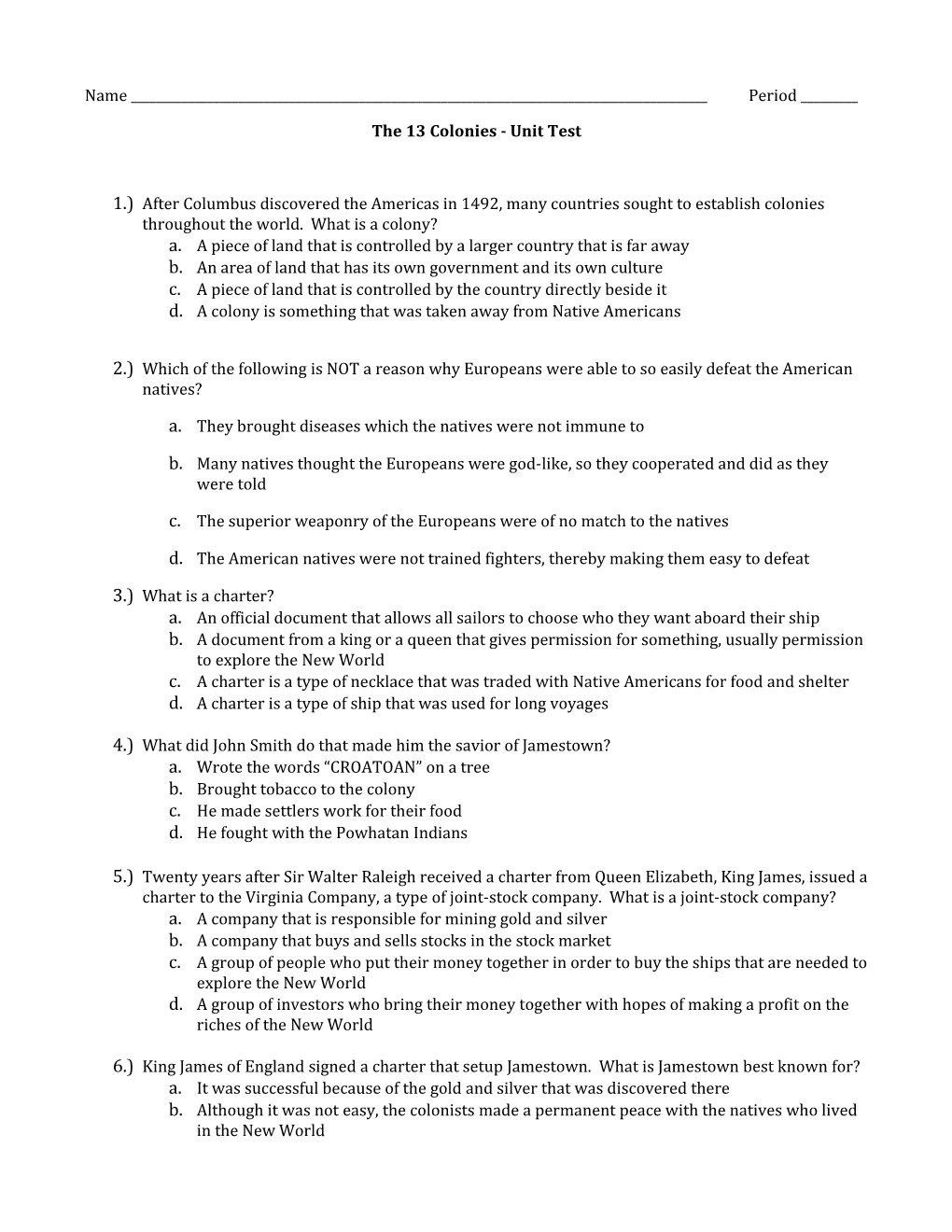 The 13 Colonies - Unit Test