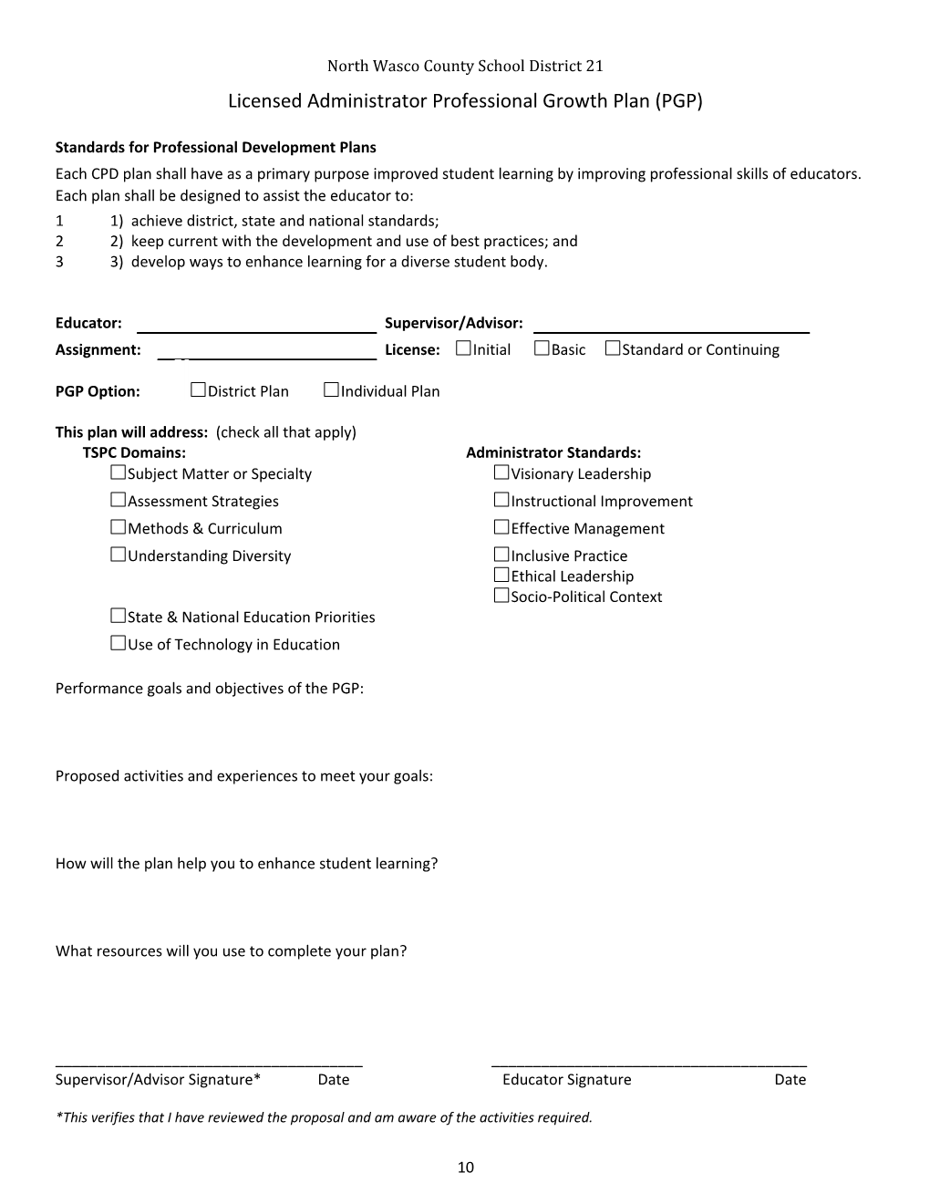 Standards for Professional Development Plans