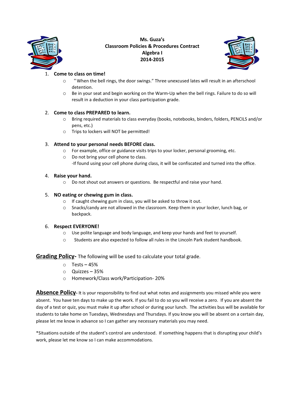 Classroom Policies & Procedures Contract