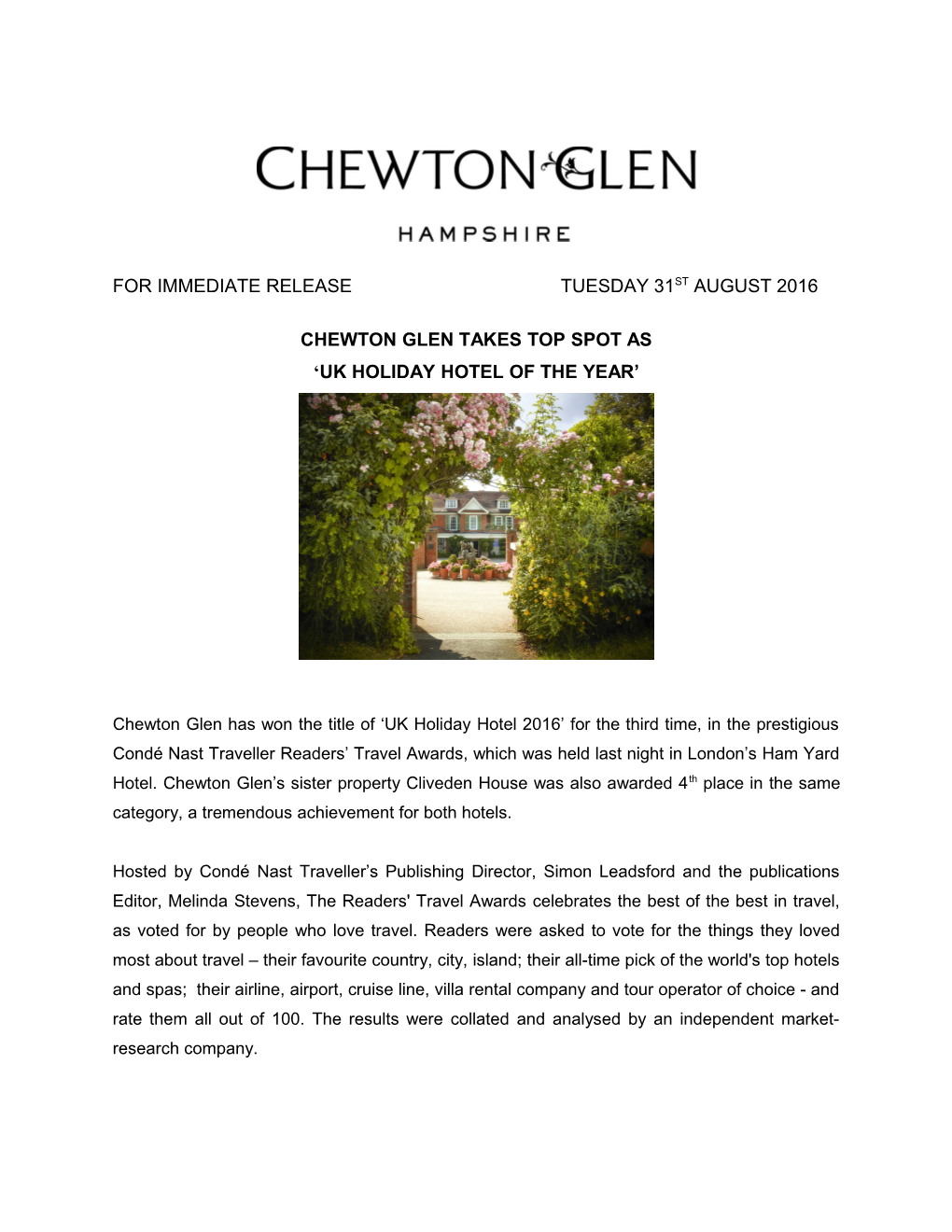 Chewton Glen Takes Top Spot As