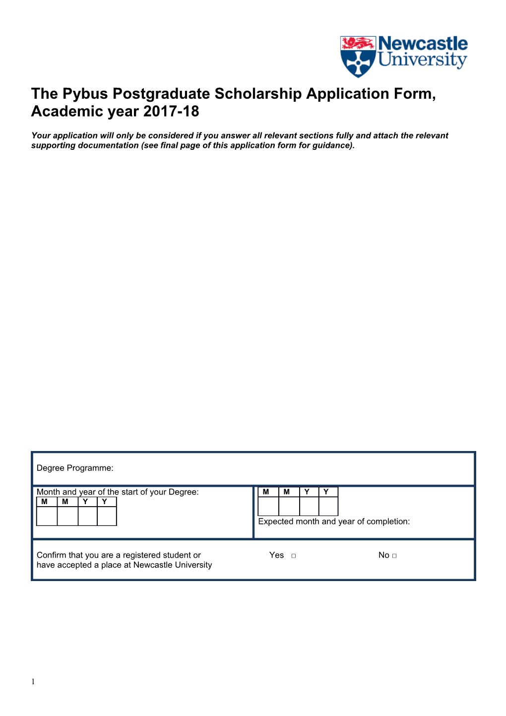 The Pybus Postgraduate Scholarship Application Form, Academic Year 2017-18