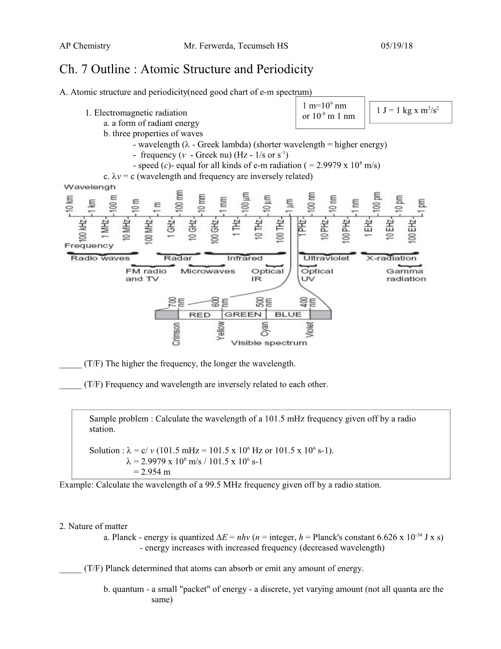Ch. 7 Outline : Atomic Structure and Periodicity