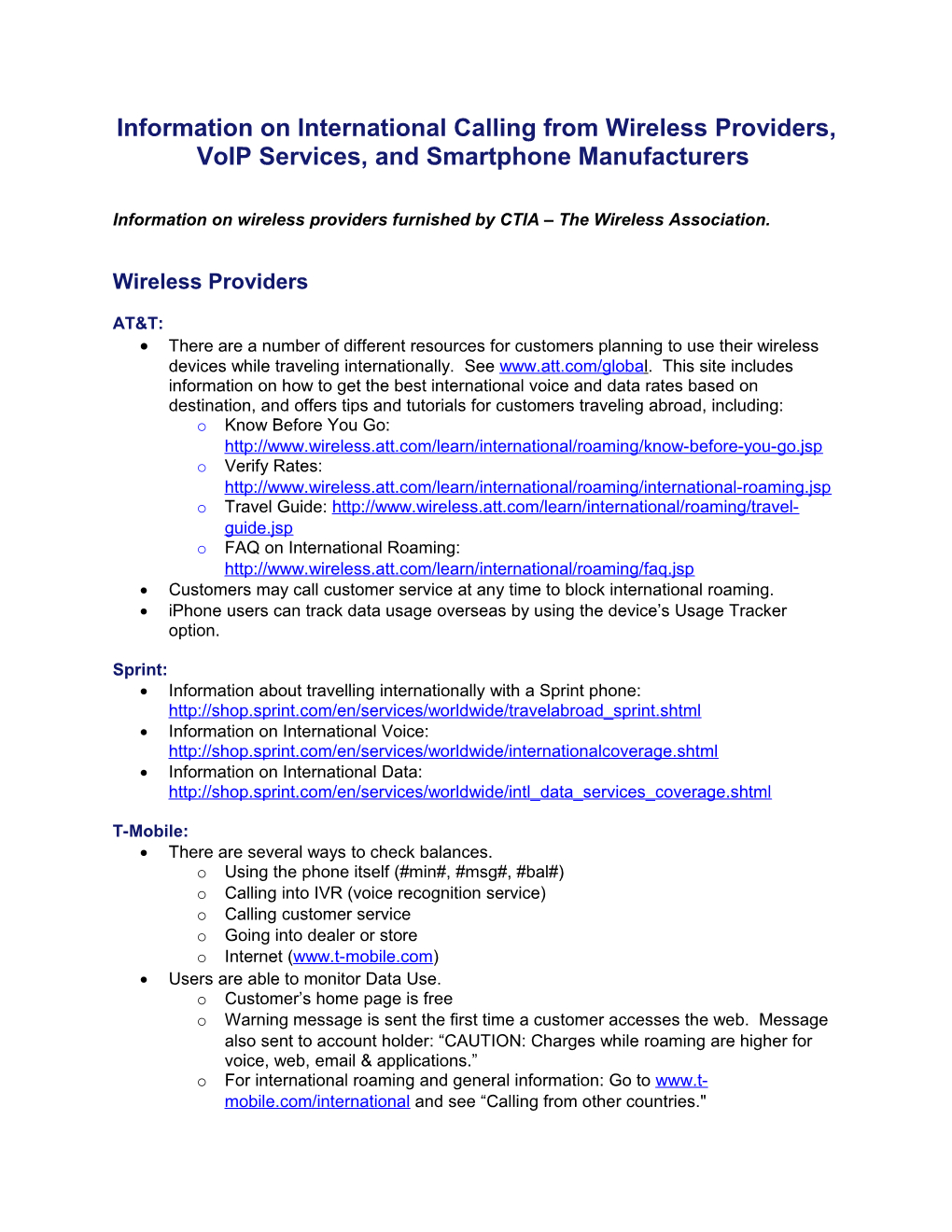 Information on International Calling from Wireless Providers, Voip Services, and Smartphone