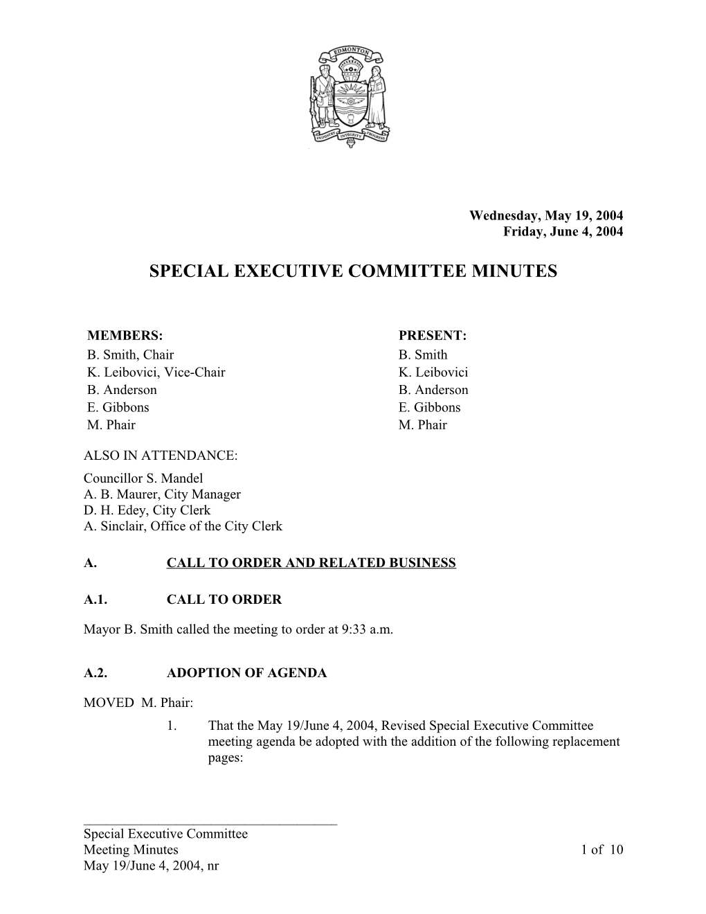 Minutes for Executive Committee May 19, 2004 Meeting