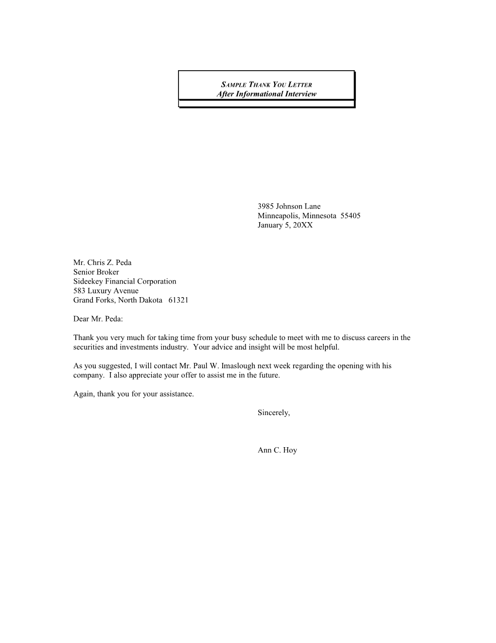 BCC, UGH: Sample Thank You Letters