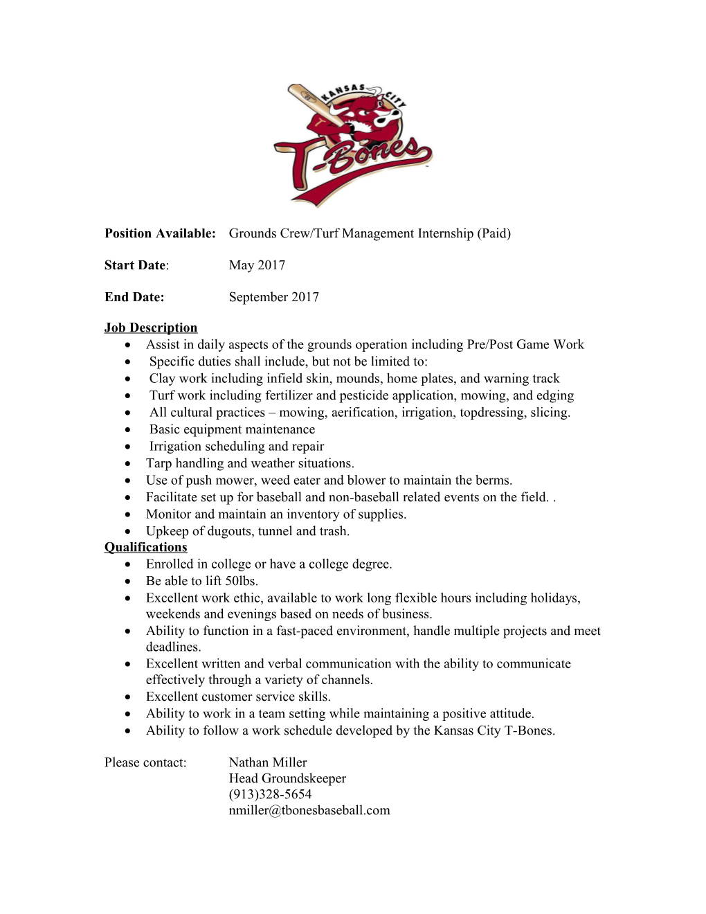 Position Available: Grounds Crew/Turf Management Internship (Paid)