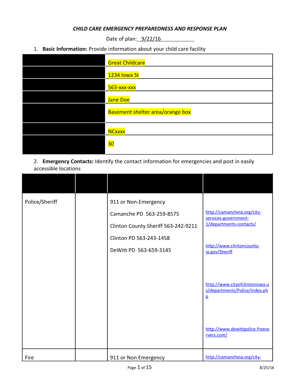 Child Care Emergency Preparedness and Response Plan