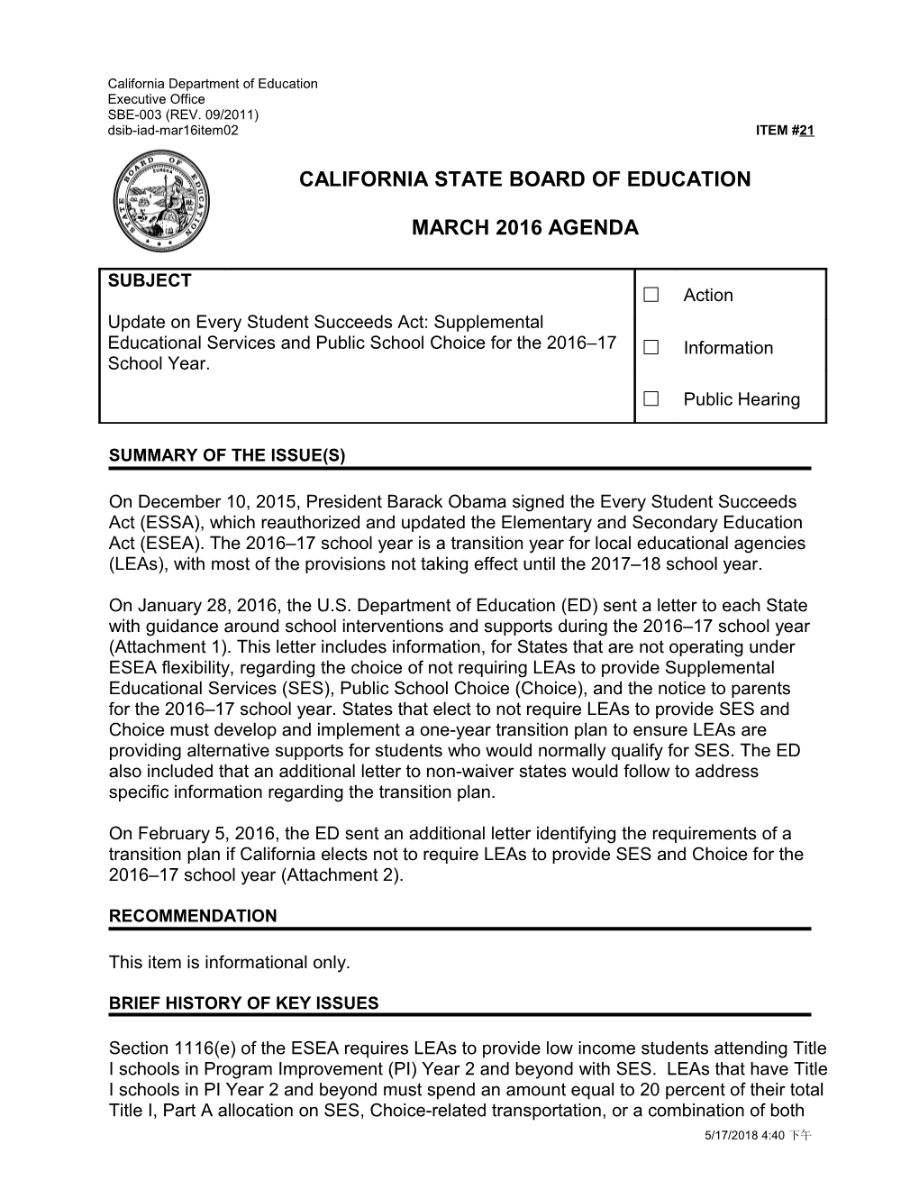 March 2016 Agenda Item 21 - Meeting Agendas (CA State Board of Education)