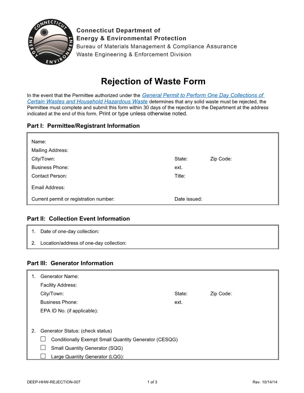 Rejection of Waste Form: Household Hazardous Waste/Conditionally Exempt Small Quantity