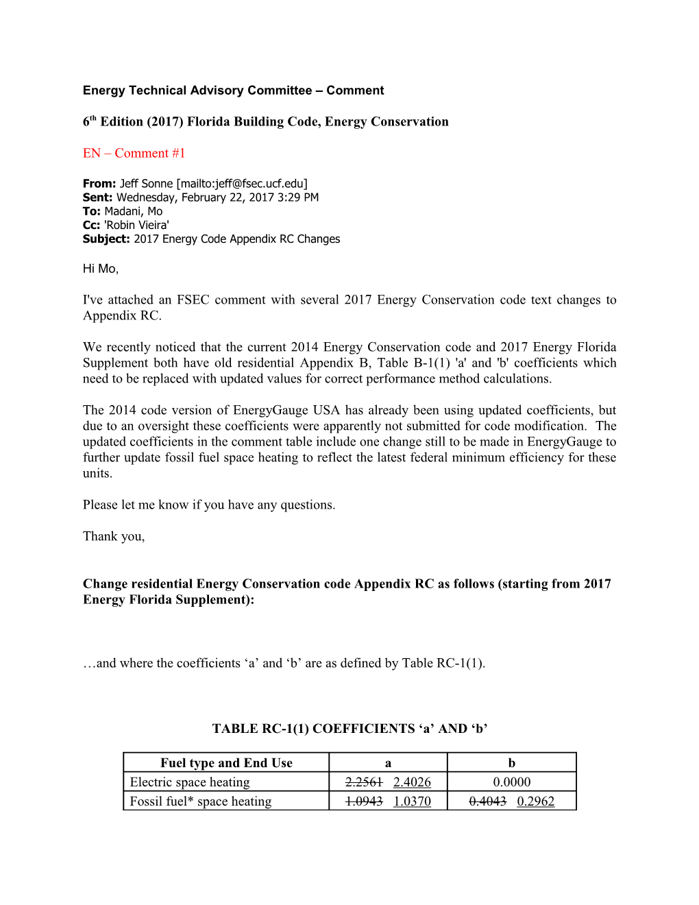 Energy Technical Advisory Committee Comment