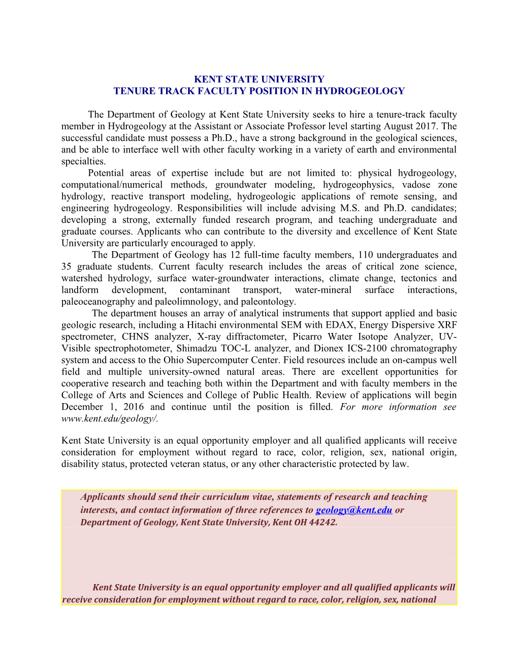 Tenure Track Faculty Position in Hydrogeology
