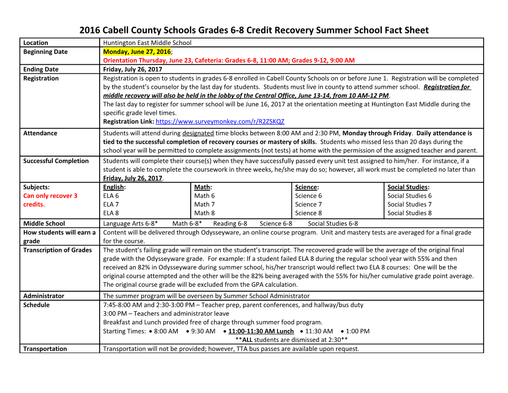 2016Cabell County Schools Grades 6-8 Credit Recovery Summer School Fact Sheet