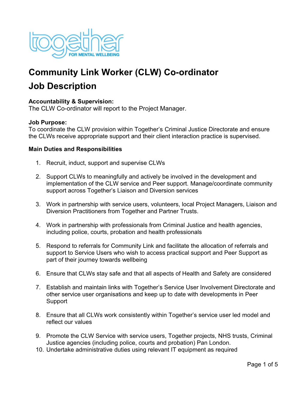 Community Link Worker (CLW) Co-Ordinator