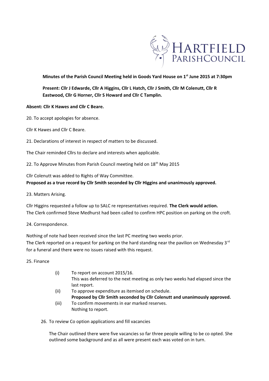 Minutes of the Parish Council Meeting Held in Goods Yard House on 1St June 2015 at 7:30Pm