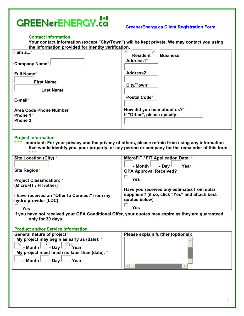 Greenerenergy.Ca Client Registration Form