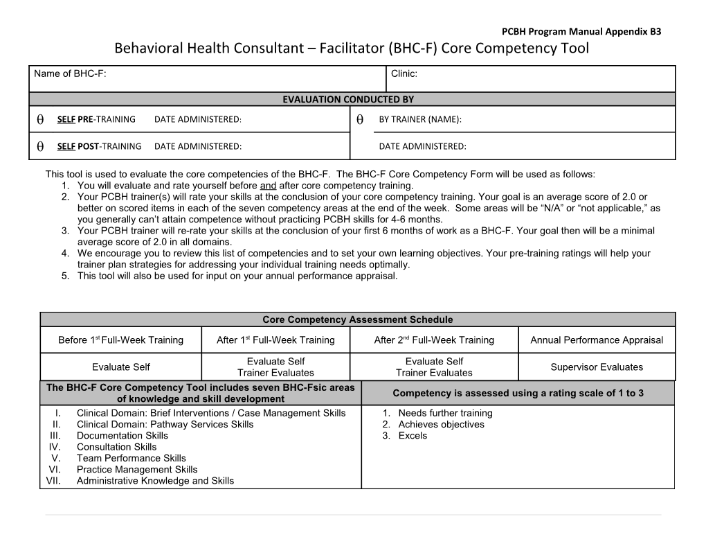 PCBH Behavioral Health Consultant Facilitator (BHC-F) Core Competency Tool