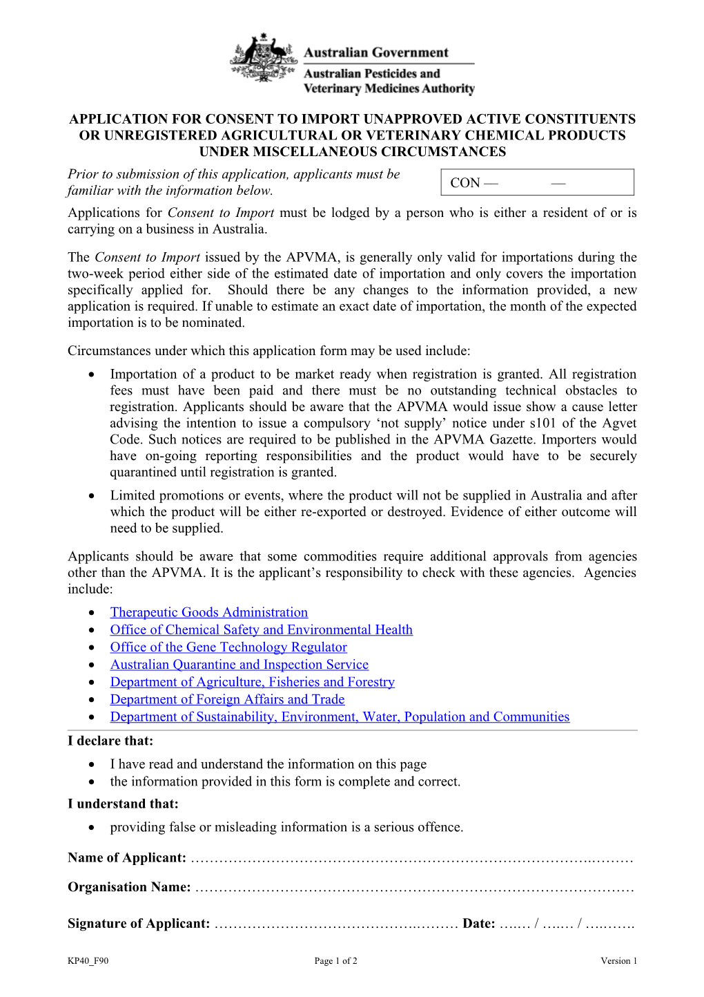 Consent to Importation KP40F37