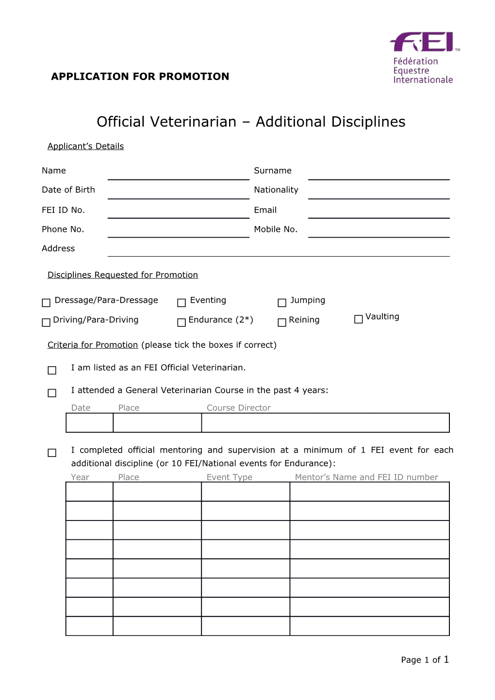 Application Form for Participants on Fei Course for Officials Promotion