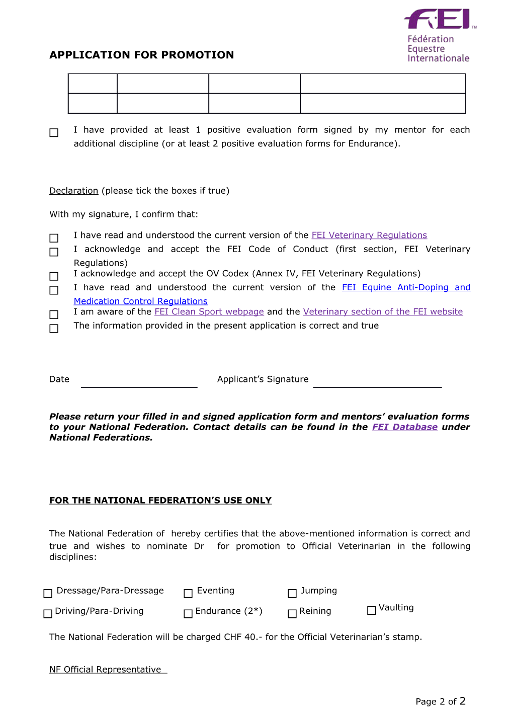 Application Form for Participants on Fei Course for Officials Promotion