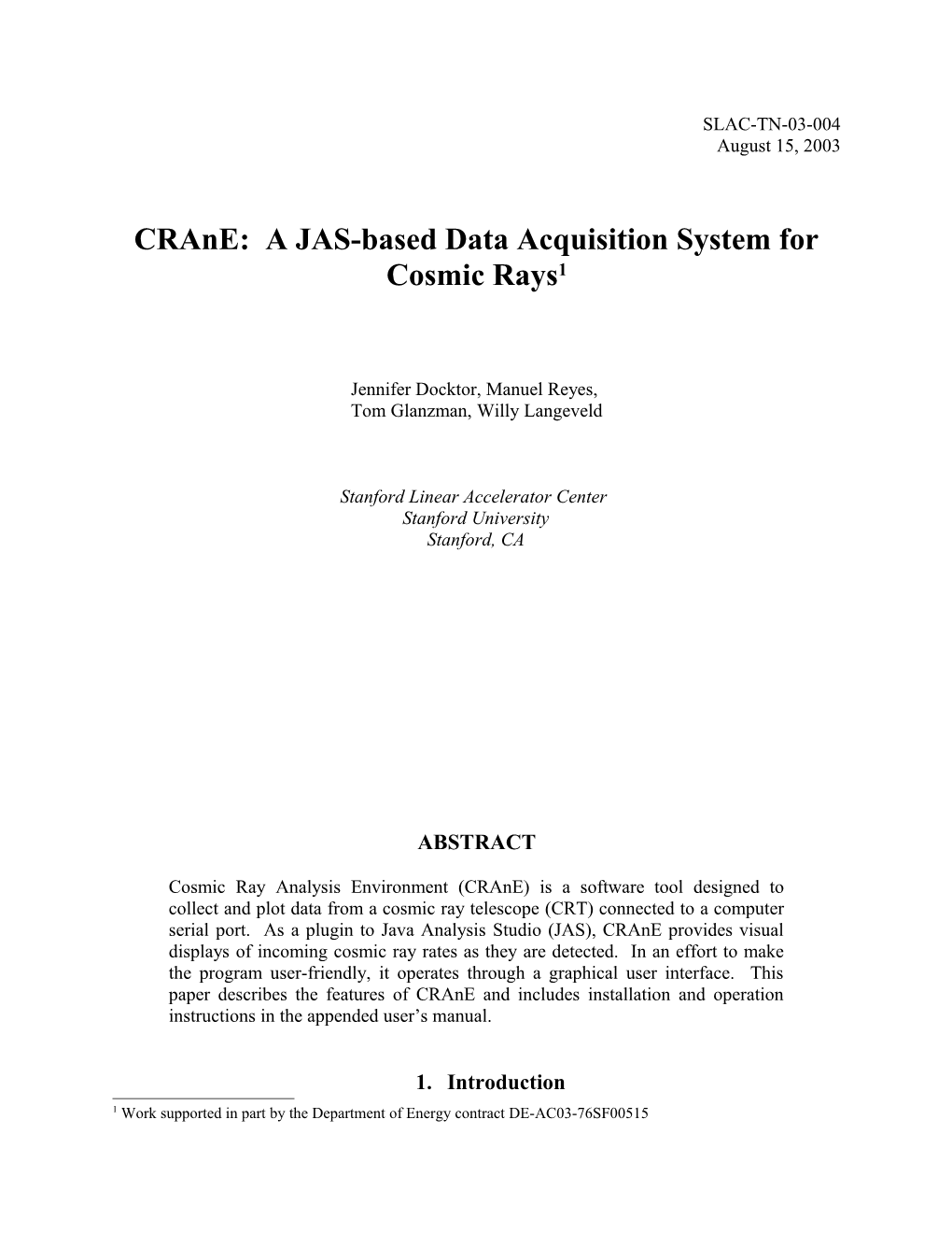 Crane: a JAS-Based Data Acquisition System for Cosmic Rays 1