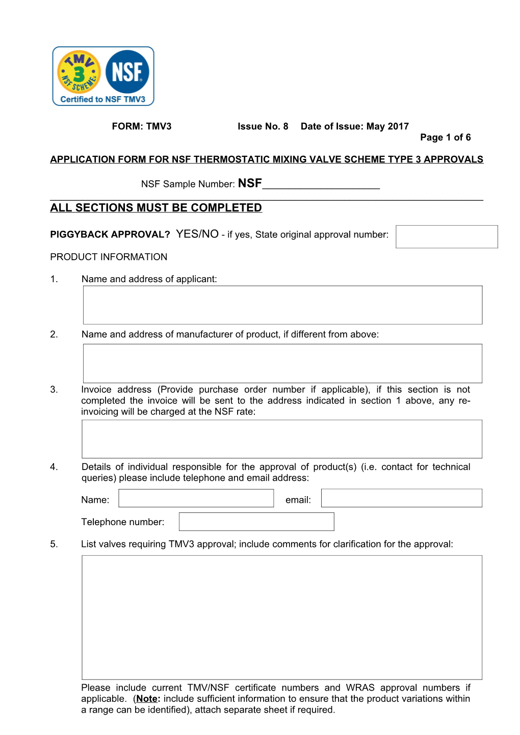 Application Form for Nsf Thermostatic Mixing Valve Scheme Type 3 Approvals s1