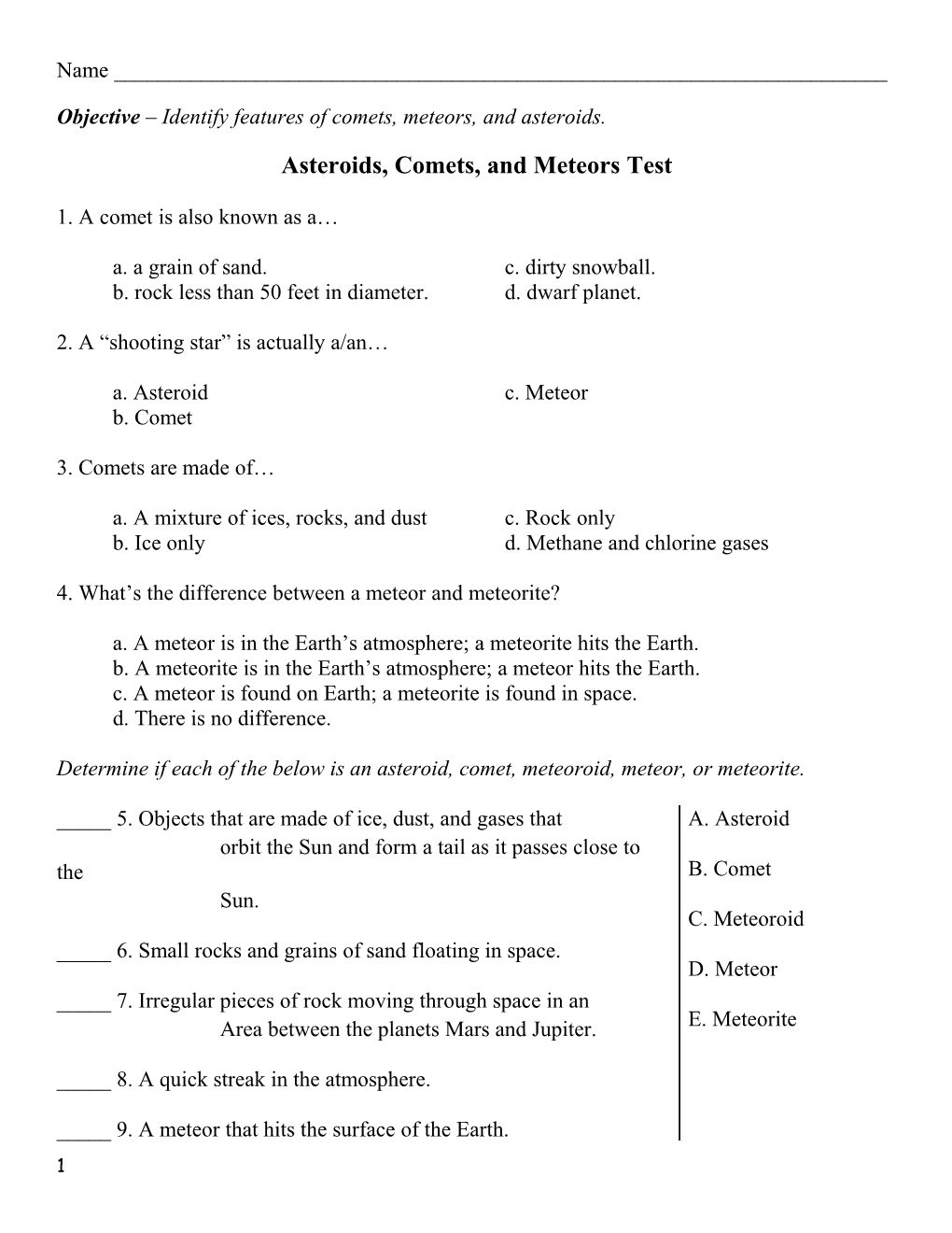 Objective Identify Features of Comets, Meteors, and Asteroids