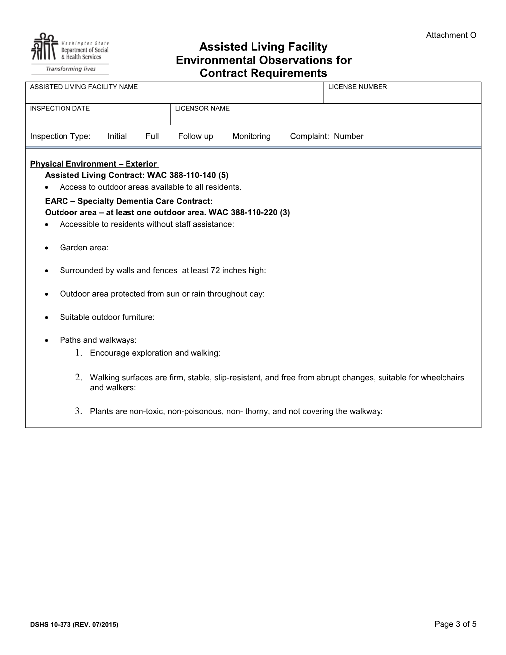 Assisted Living Facility Environmental Observations for Contract Requiements - Attachment O