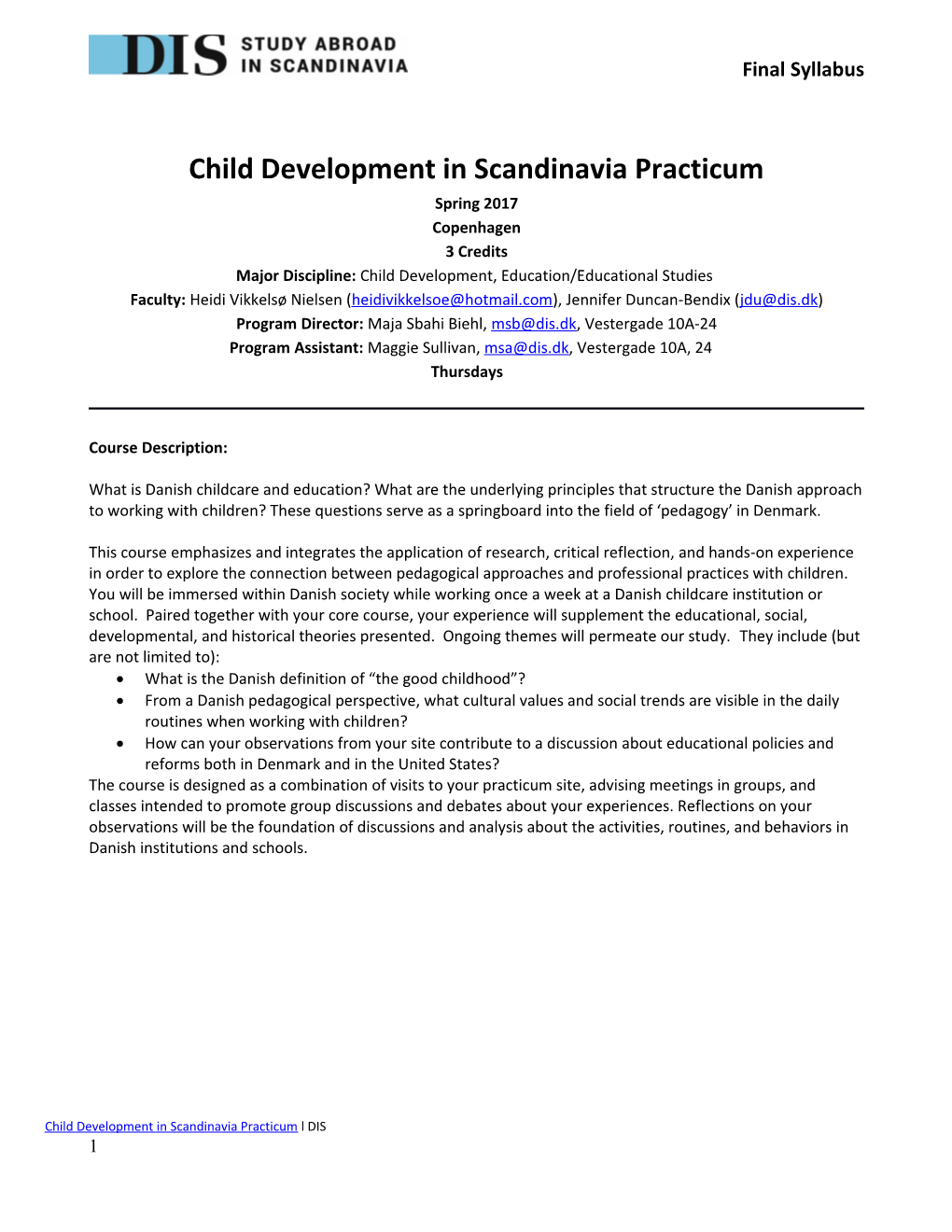 Child Diversity and Development Practicum Syllabus Child Diversity and Development Program