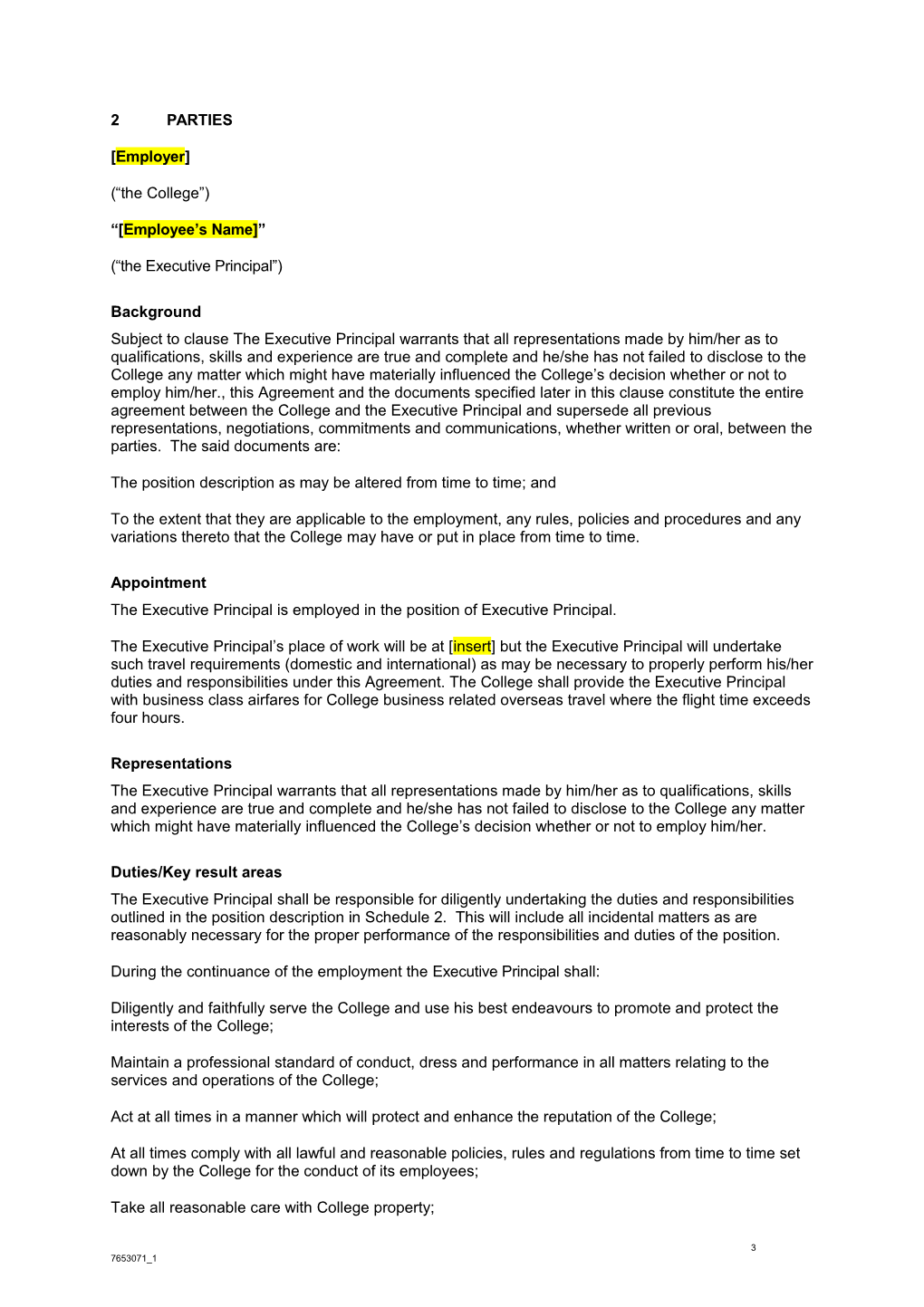 Executive Principal Employment Agreement