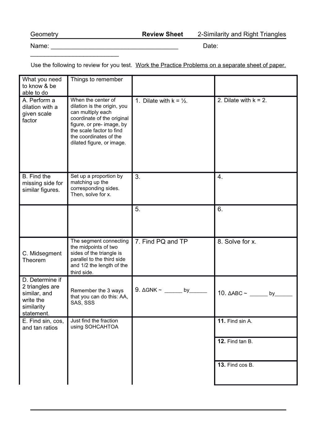 Geometry Review Sheet 2-Similarity and Right Triangles