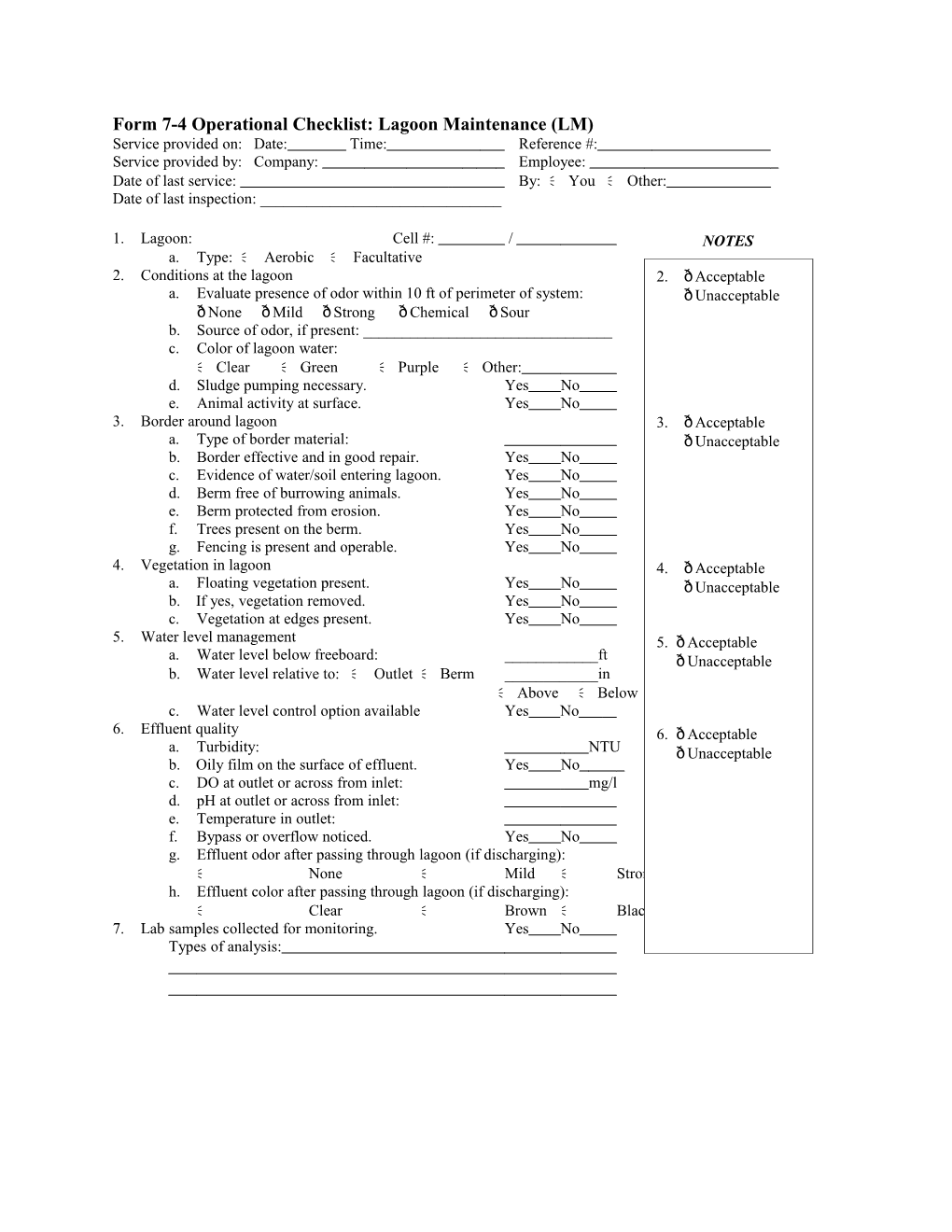 Form 7-4 Operational Checklist: Lagoon Maintenance (LM)