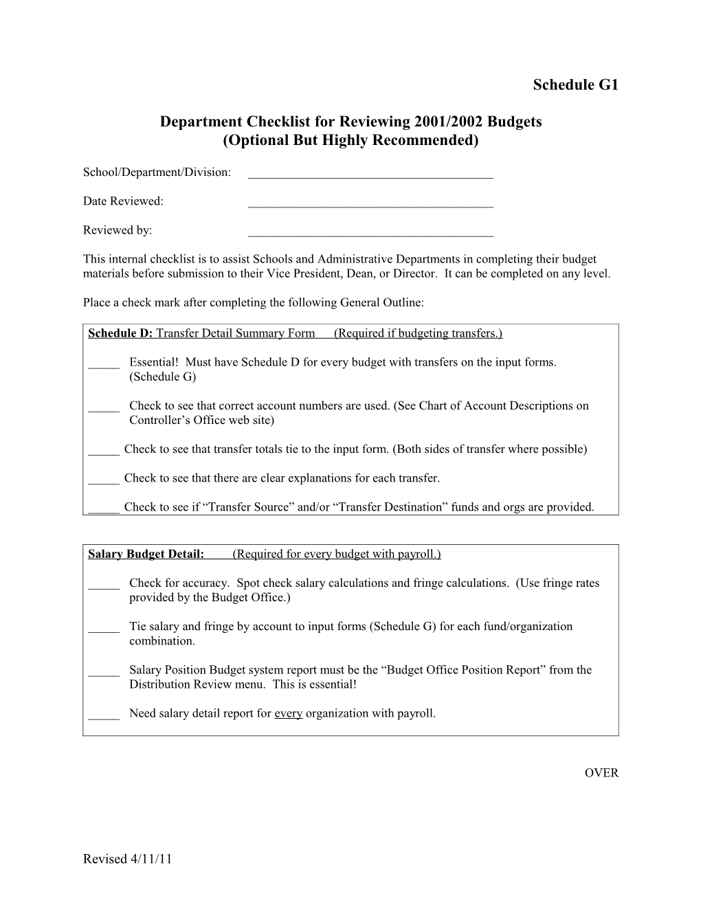 Department Checklist for Reviewing 2001/2002 Budgets