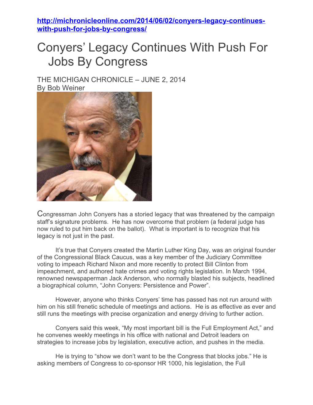 Conyers Legacy Continues with Push for Jobs Bycongress